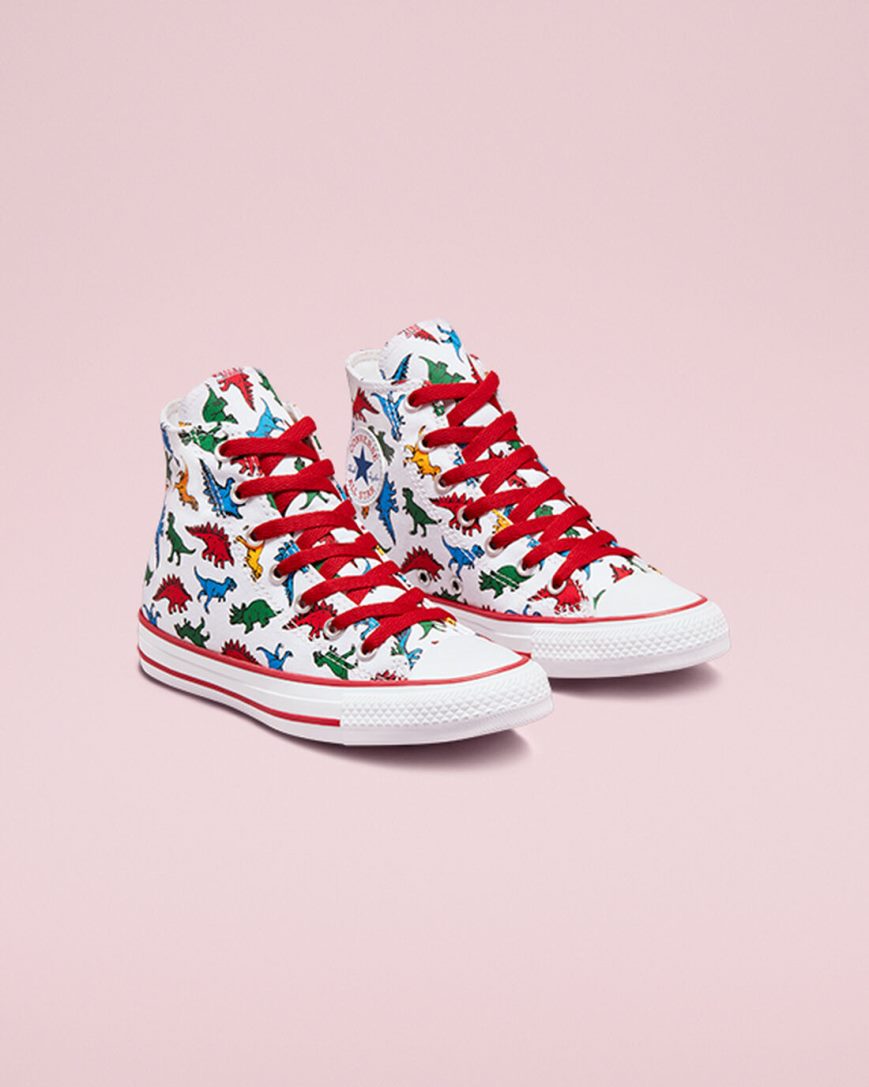 Chlapecké Boty Vysoké Converse Chuck Taylor All Star Dinosaurs Bílé Červené Blankyt | CZ OCXY10